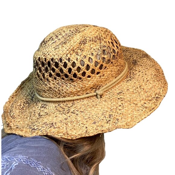 Cov/Ver Your World sun hat rattan turquoise stone adjustable chin strap Sm/M - Picture 2 of 9
